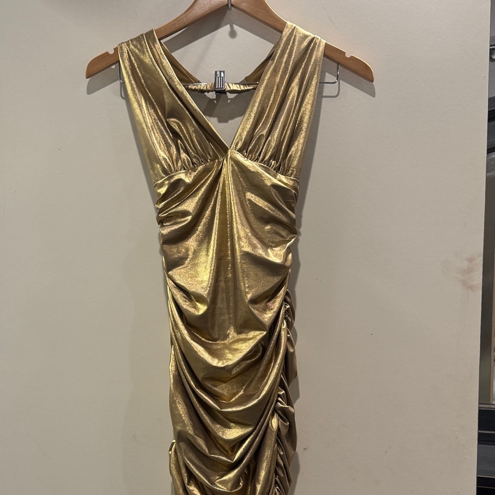 bebe Gold Backless Ruched Dress